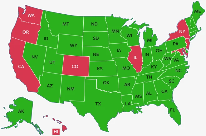 Map of MA and the 38 other states where the licenses from the 39 State version let you carry.