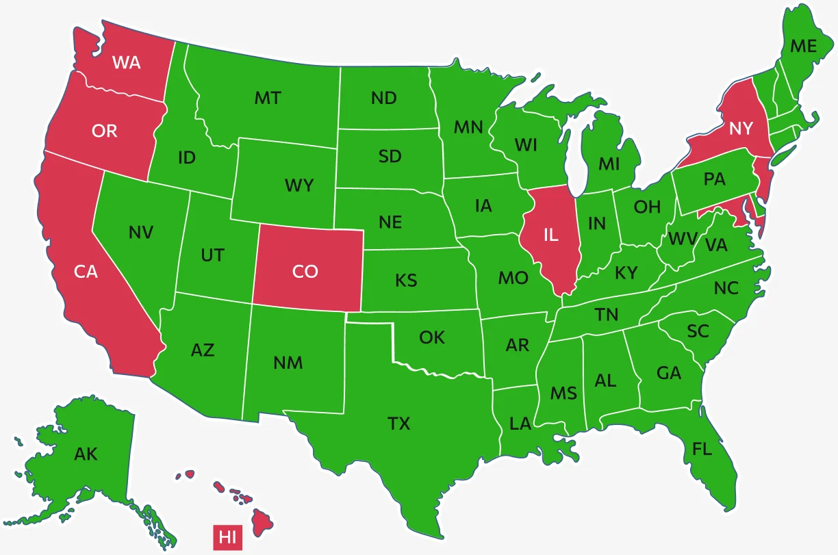 Map of the United States. States where a Multi License holder can carry are green; states that do not honour these licenses are red.