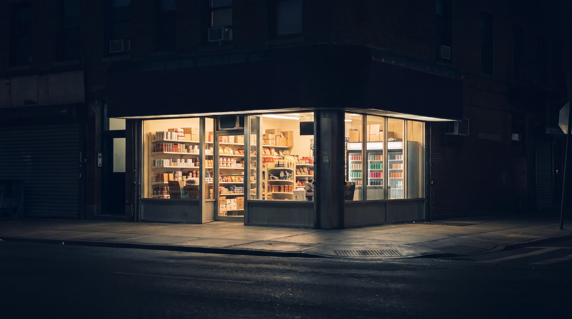 A corner store glowing at night, the only lit storefront on a dark street