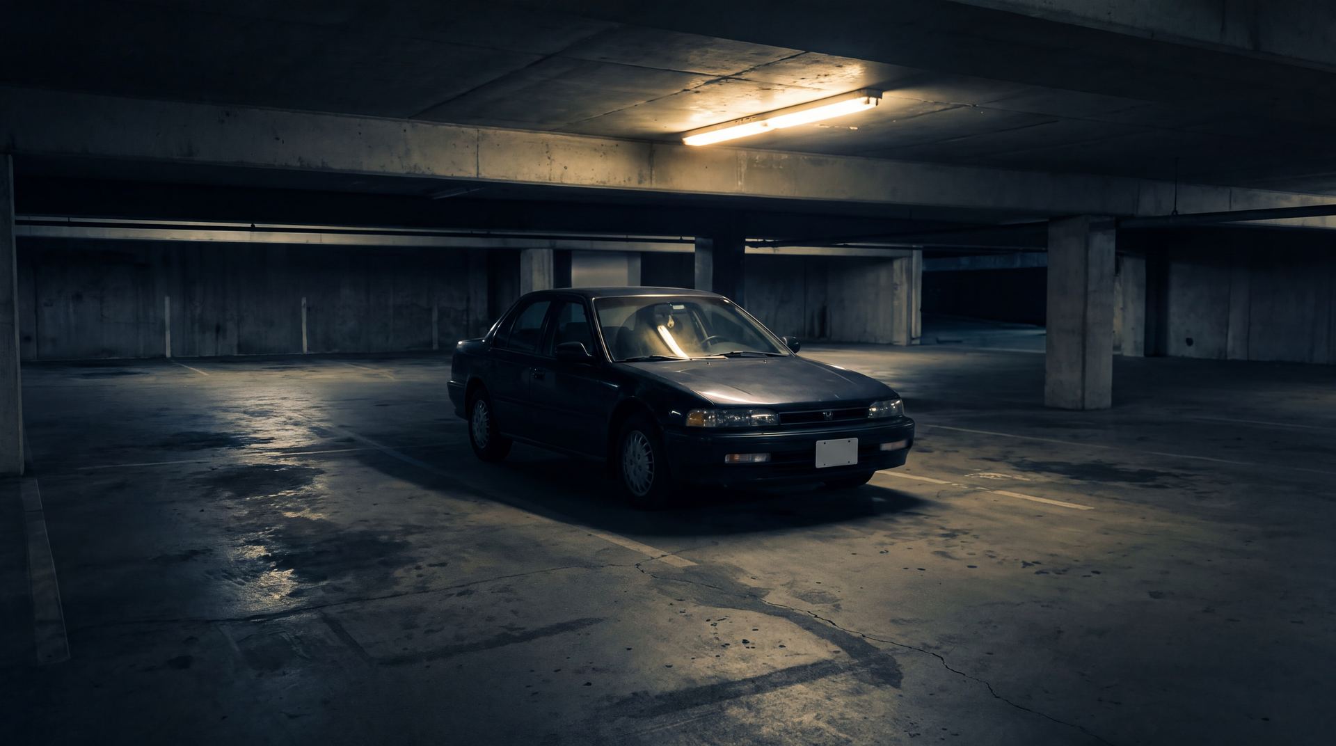 A car parked alone in a dim concrete parking garage at night