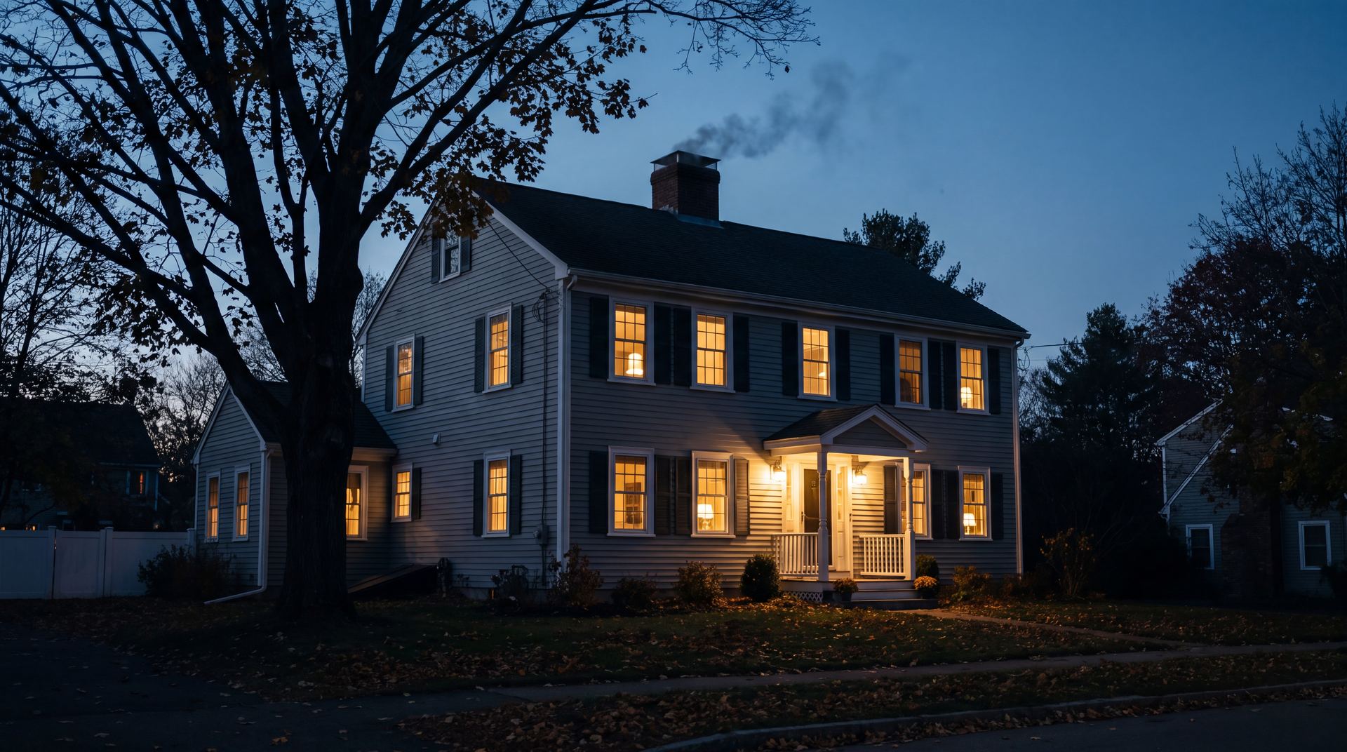 A New England family home at dusk with its windows lit