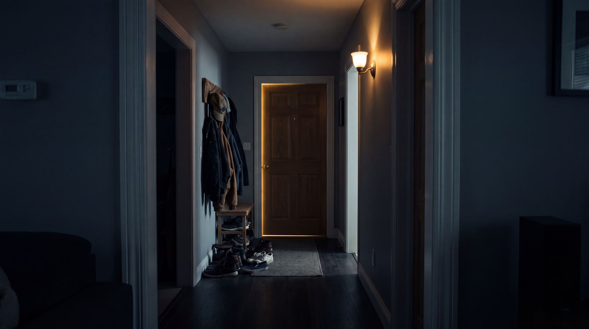 A dark hallway inside a family home at night, light leaking around the front door