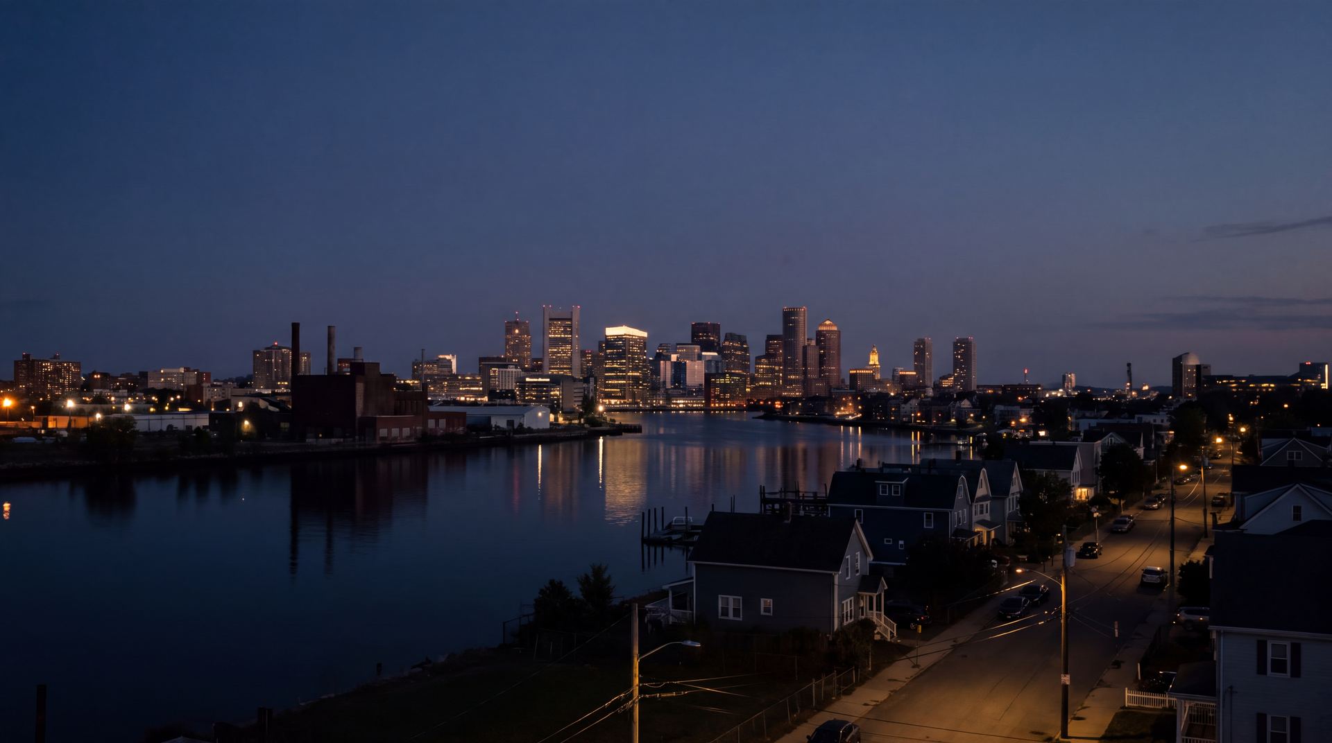 The Boston skyline at dusk seen from across the water