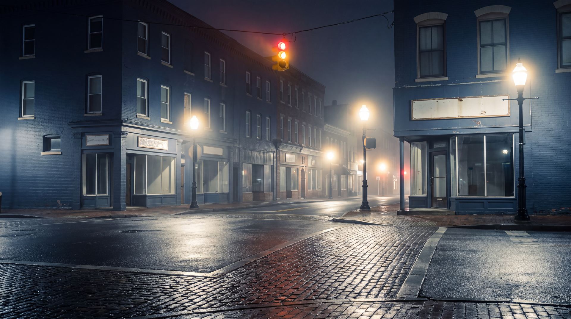 A foggy New England downtown corner at night, empty under the streetlights