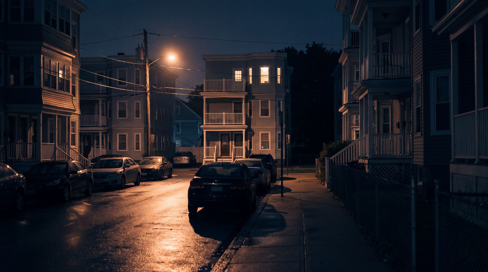 A Massachusetts triple-decker street at night under a single streetlight